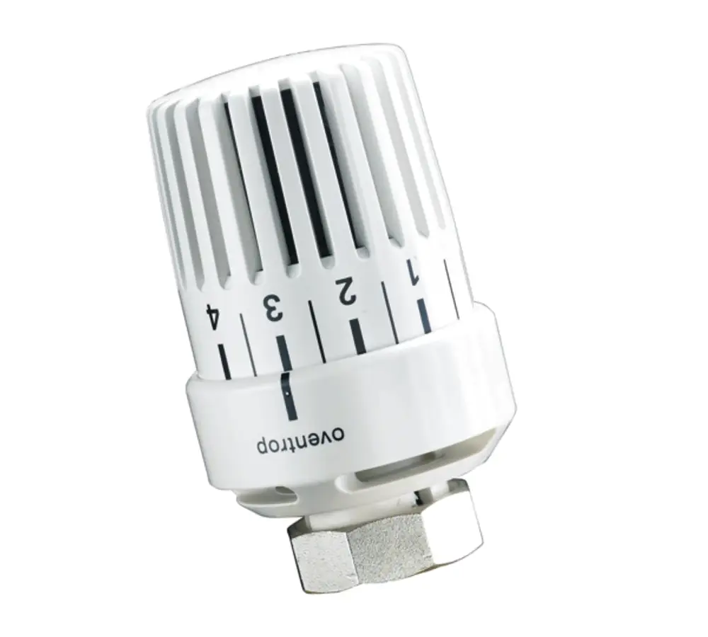 Weißer Oventrop Thermostat für Heizkörper mit Einstellskala, montiert an einer Verbindung, zur Regulierung der Temperatur.